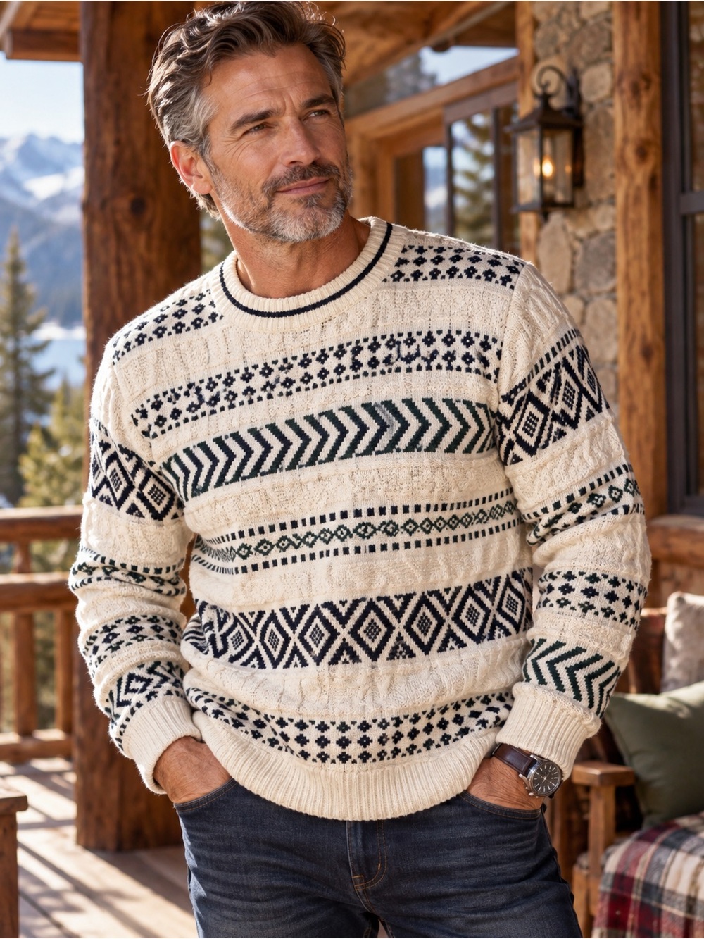 Van Heusen Cream and Navy Fair Isle Crewneck Sweater sm stain front 100% cotton